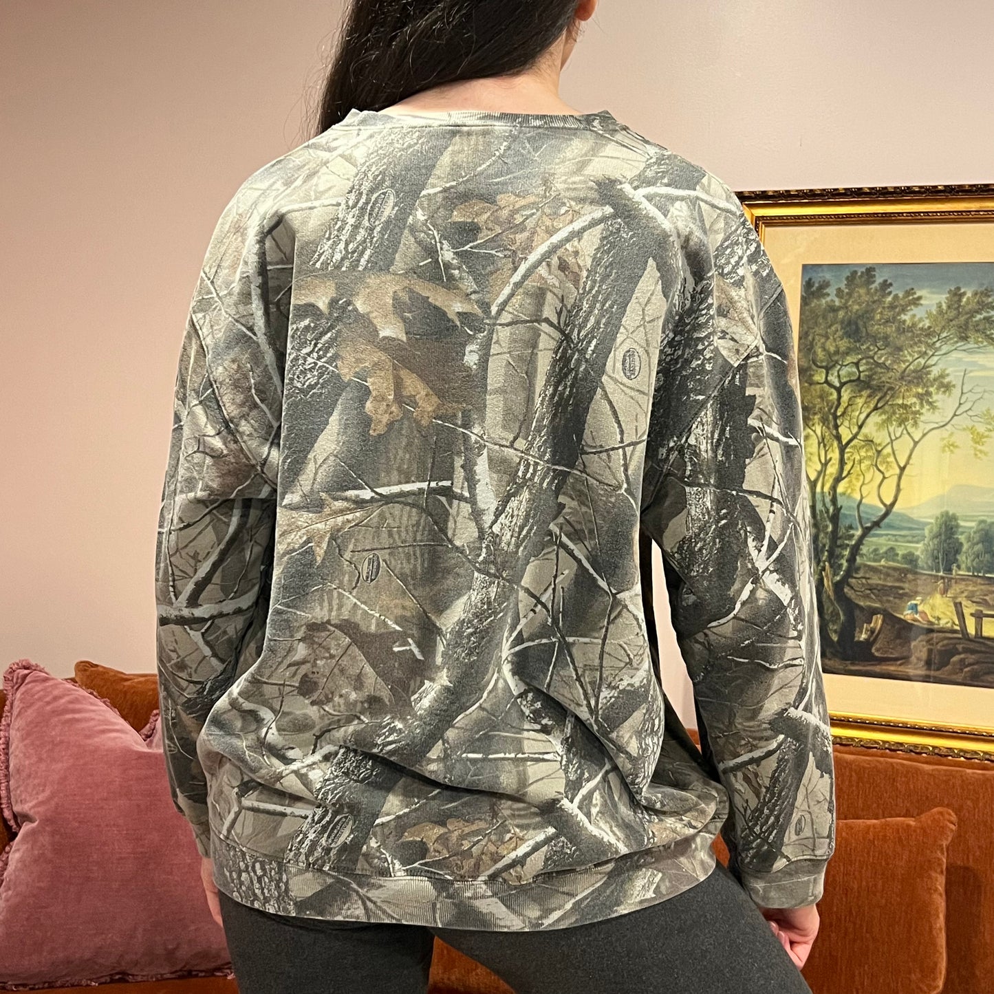 DUMP YOUR REPUBLICAN BOYFRIEND camo crewneck with orange text (L)
