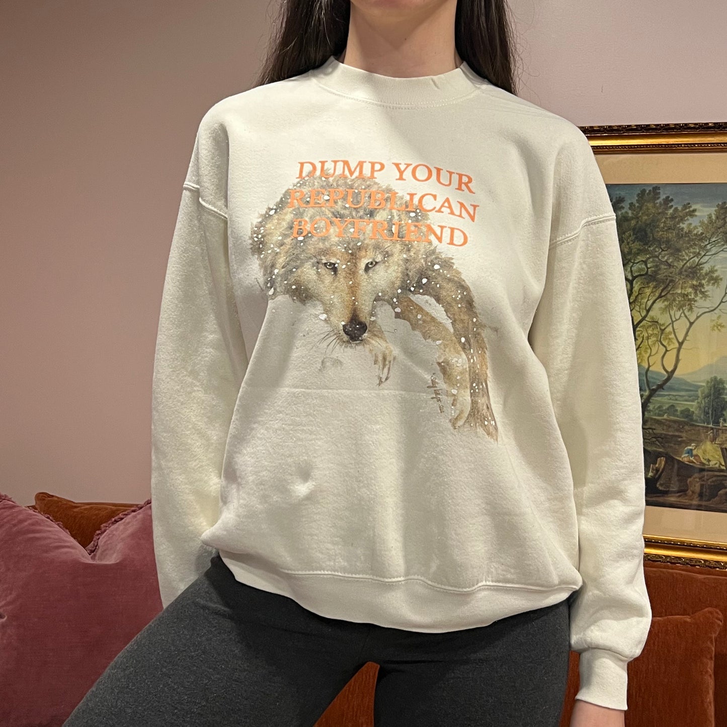 DUMP YOUR REPUBLICAN BOYFRIEND wolf crewneck with orange text (L)