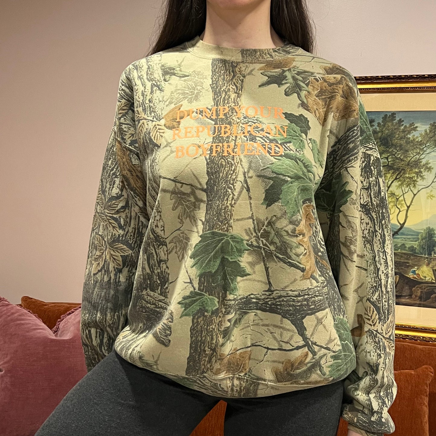DUMP YOUR REPUBLICAN BOYFRIEND camo crewneck with orange text (XL)