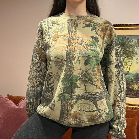 DUMP YOUR REPUBLICAN BOYFRIEND camo crewneck with orange text (XL)