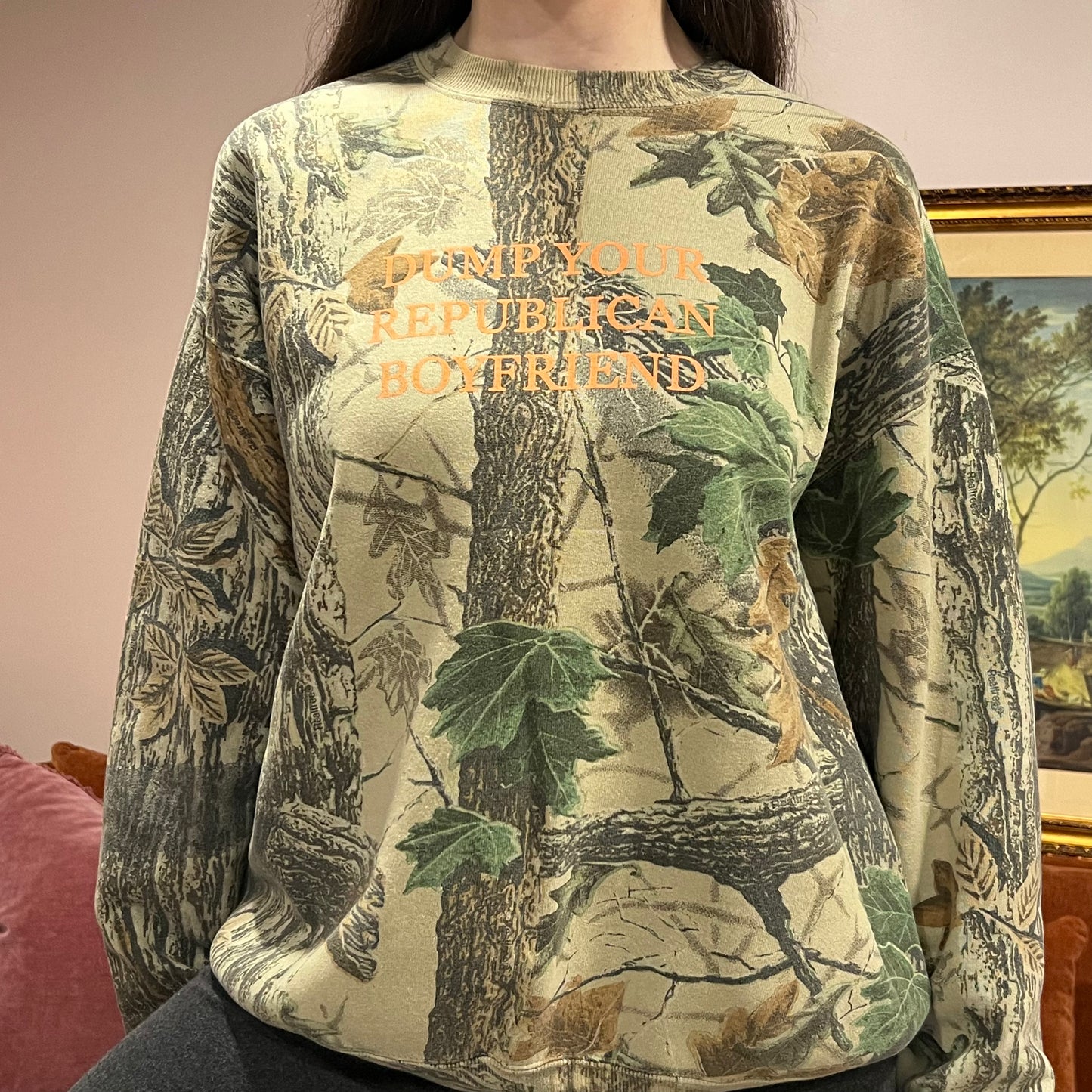 DUMP YOUR REPUBLICAN BOYFRIEND camo crewneck with orange text (XL)