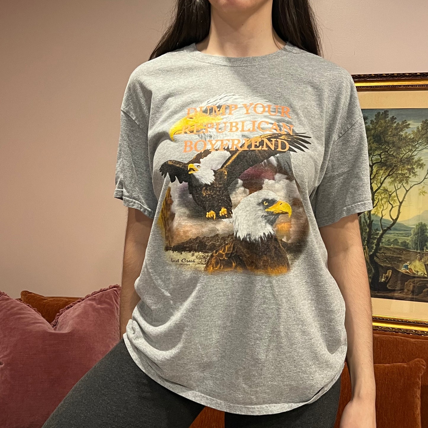 DUMP YOUR REPUBLICAN BOYFRIEND eagle t-shirt with orange text (L)
