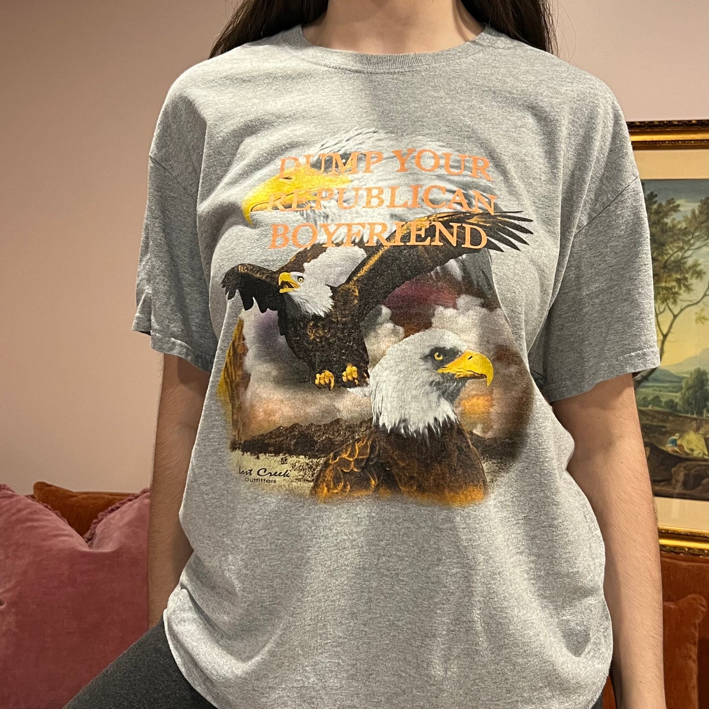 DUMP YOUR REPUBLICAN BOYFRIEND eagle t-shirt with orange text (L)