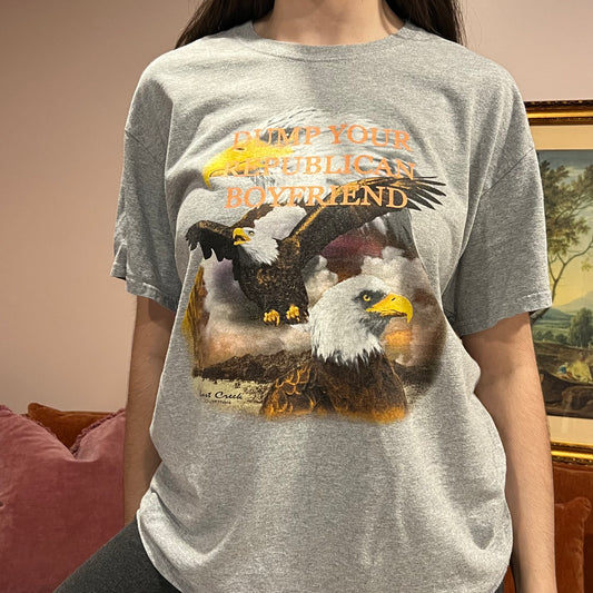 DUMP YOUR REPUBLICAN BOYFRIEND eagle t-shirt with orange text (L)