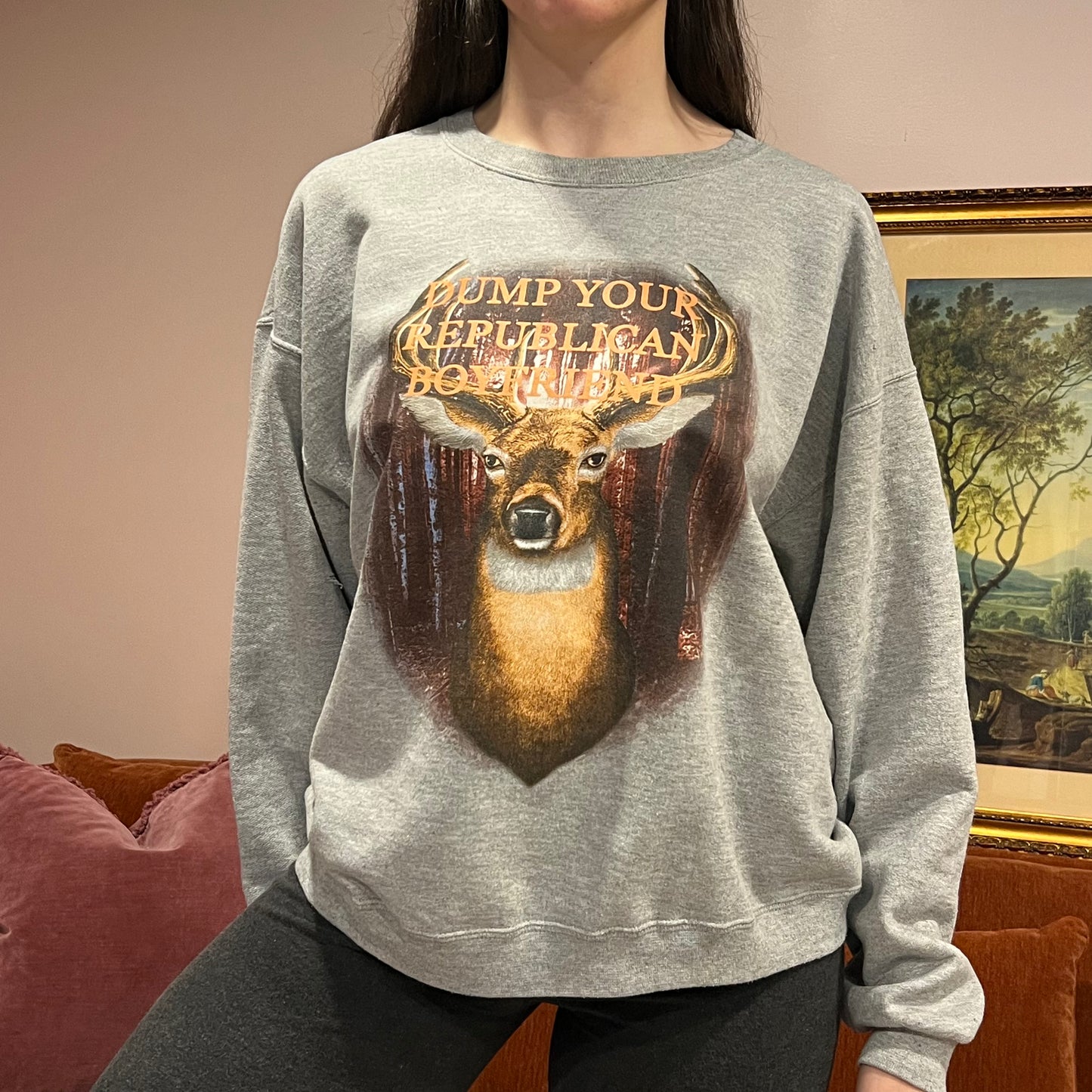 DUMP YOUR REPUBLICAN BOYFRIEND deer crewneck with orange text (L)