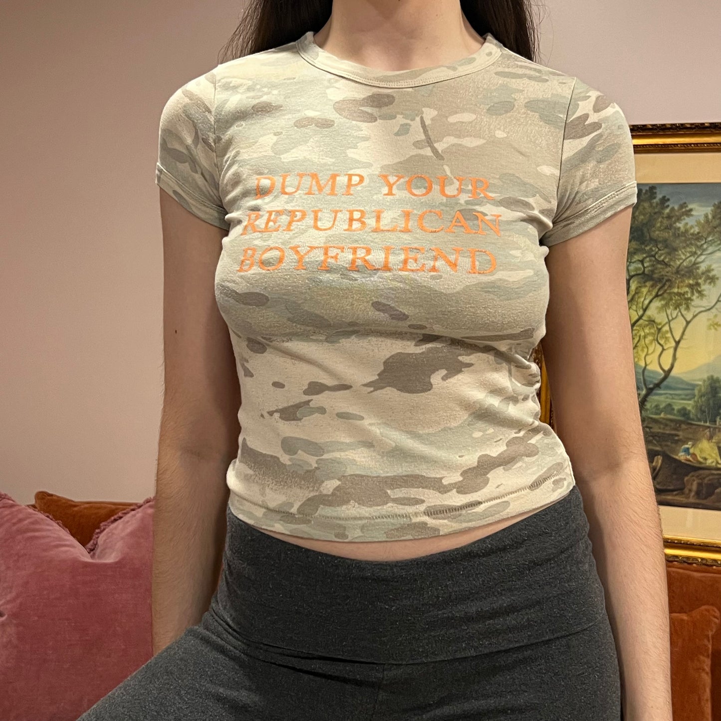 DUMP YOUR REPUBLICAN BOYFRIEND camo t-shirt with orange text (S)