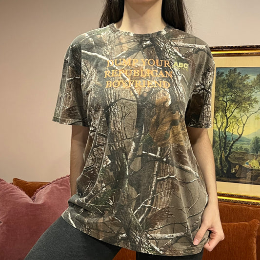 DUMP YOUR REPUBLICAN BOYFRIEND camo t-shirt with orange text (XL)