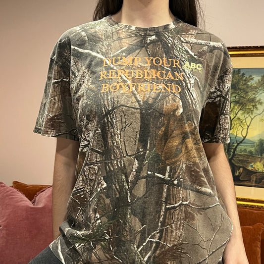 DUMP YOUR REPUBLICAN BOYFRIEND camo t-shirt with orange text (XL)