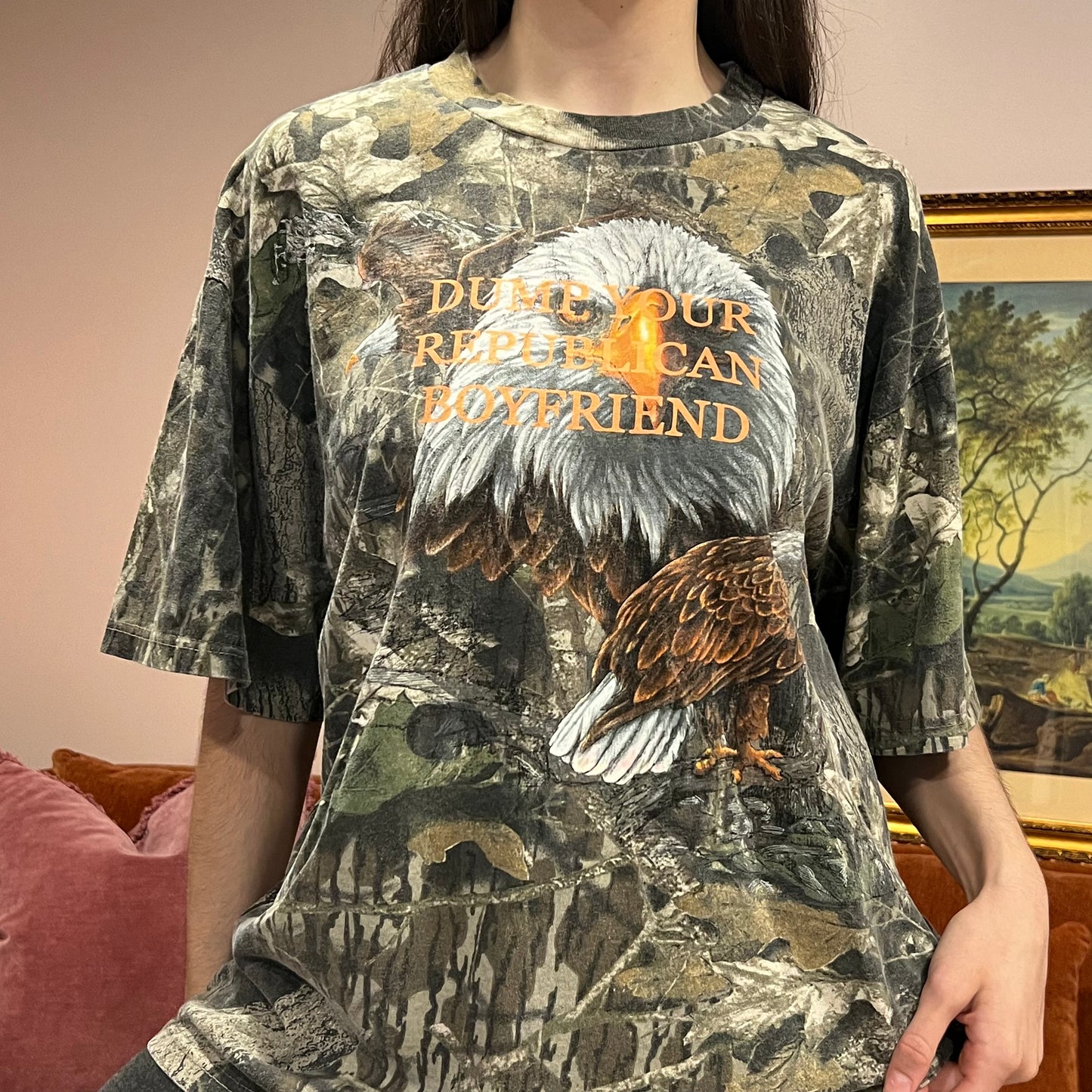DUMP YOUR REPUBLICAN BOYFRIEND eagle t-shirt with orange text (2XL)