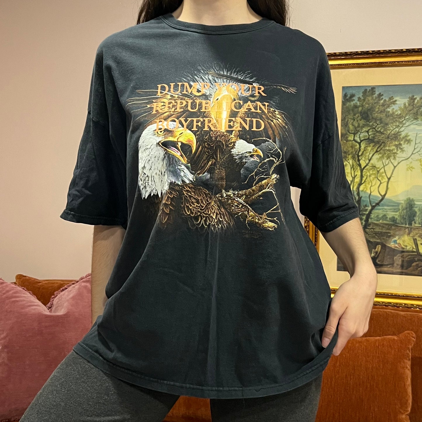 DUMP YOUR REPUBLICAN BOYFRIEND eagle t-shirt with orange text (2XL)