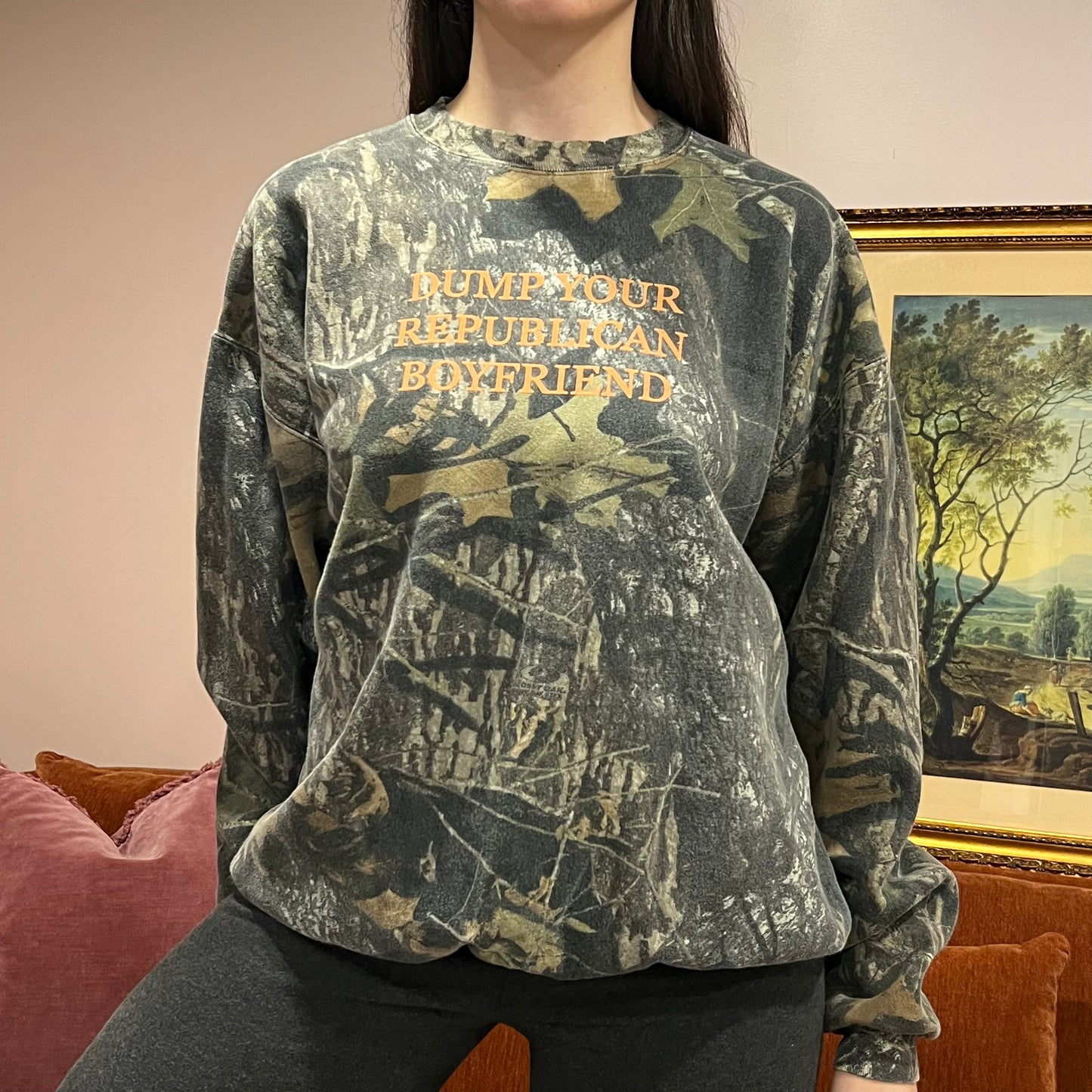 DUMP YOUR REPUBLICAN BOYFRIEND camo crewneck with orange text (XL)