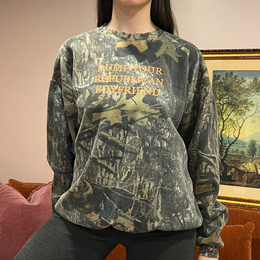 DUMP YOUR REPUBLICAN BOYFRIEND camo crewneck with orange text (XL)