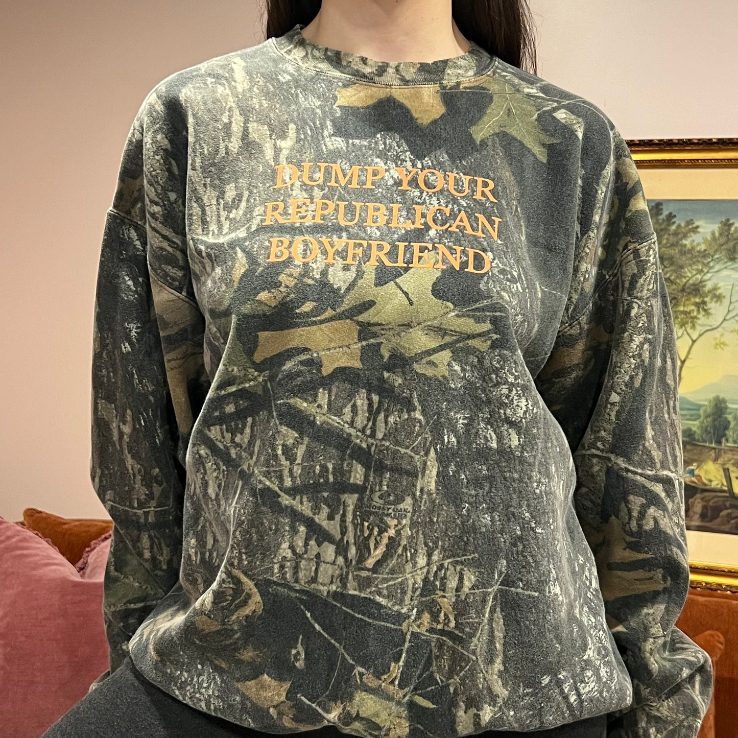 DUMP YOUR REPUBLICAN BOYFRIEND camo crewneck with orange text (XL)