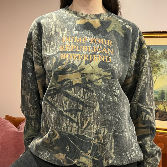 DUMP YOUR REPUBLICAN BOYFRIEND camo crewneck with orange text (XL)