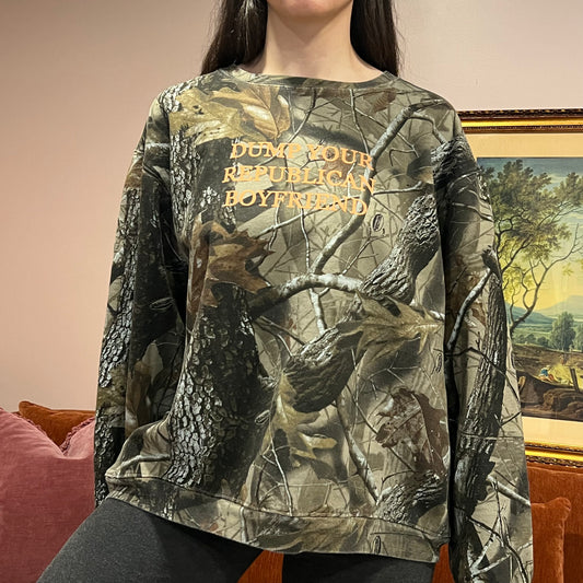 DUMP YOUR REPUBLICAN BOYFRIEND camo crewneck with orange text (XL)