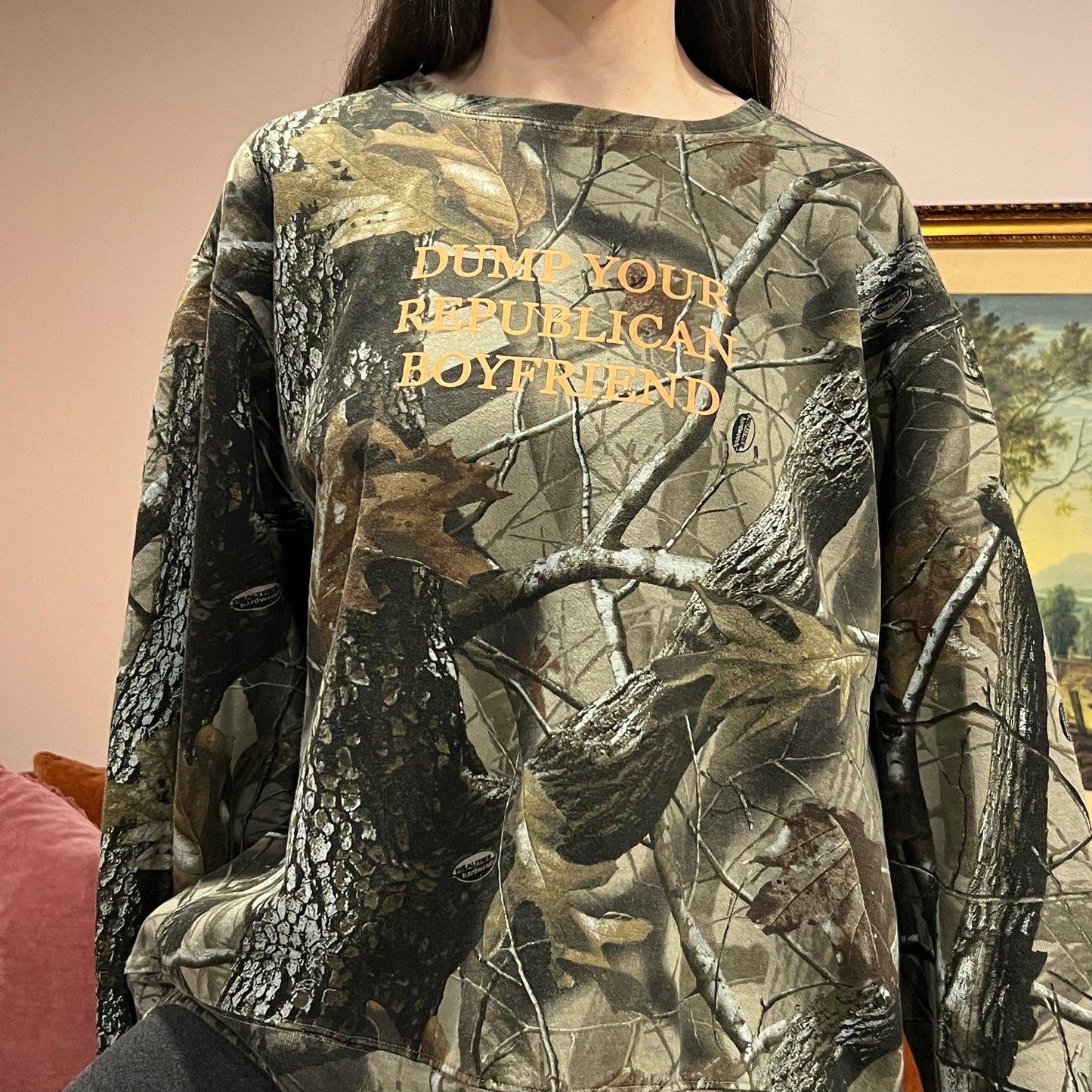 DUMP YOUR REPUBLICAN BOYFRIEND camo crewneck with orange text (XL)