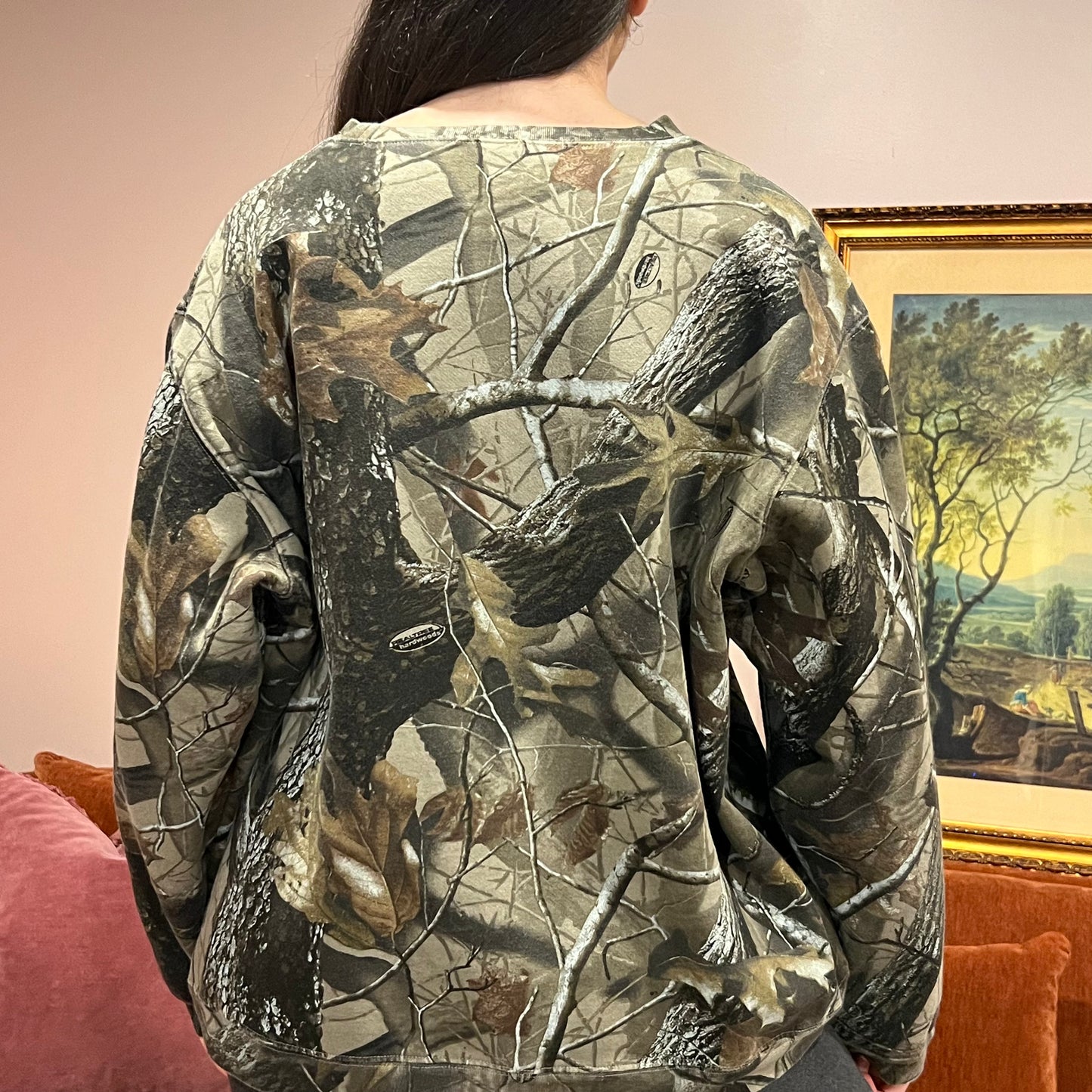 DUMP YOUR REPUBLICAN BOYFRIEND camo crewneck with orange text (XL)