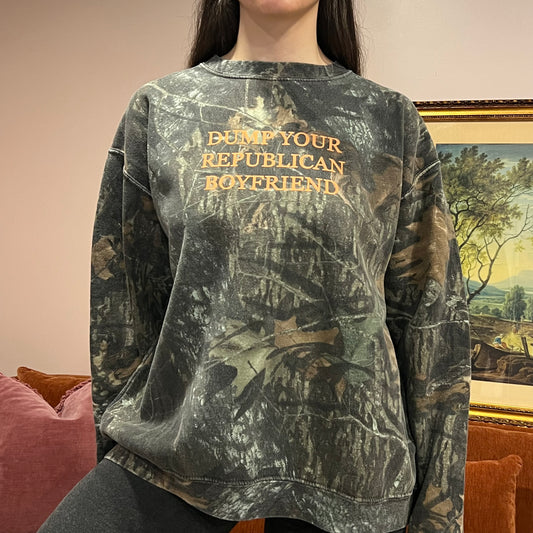 DUMP YOUR REPUBLICAN BOYFRIEND camo crewneck with orange text (XL)