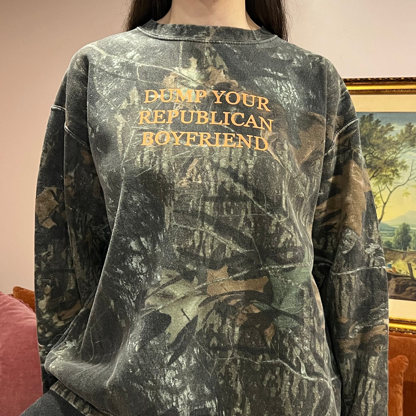 DUMP YOUR REPUBLICAN BOYFRIEND camo crewneck with orange text (XL)