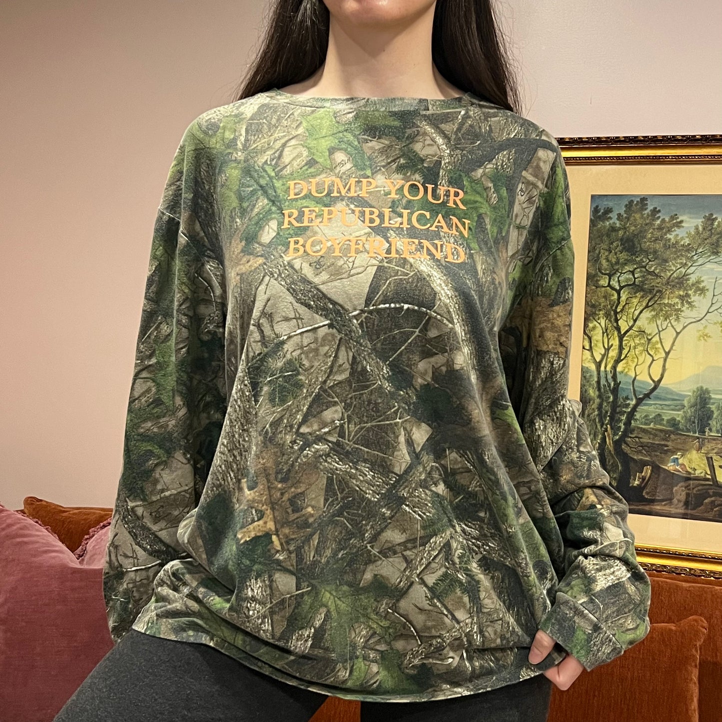 DUMP YOUR REPUBLICAN BOYFRIEND camo crewneck with orange text (XL)