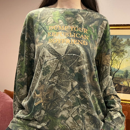 DUMP YOUR REPUBLICAN BOYFRIEND camo crewneck with orange text (XL)