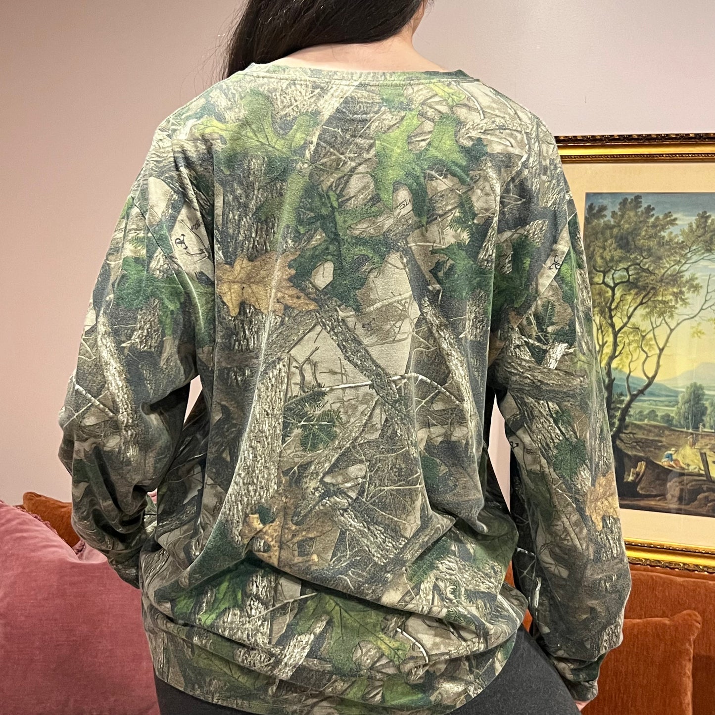 DUMP YOUR REPUBLICAN BOYFRIEND camo crewneck with orange text (XL)