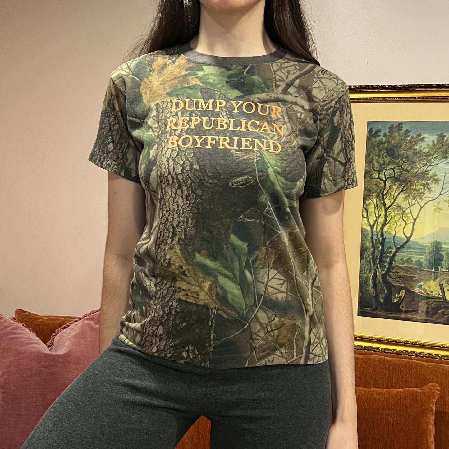 DUMP YOUR REPUBLICAN BOYFRIEND camo t-shirt with orange text (M)