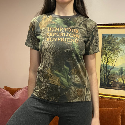 DUMP YOUR REPUBLICAN BOYFRIEND camo t-shirt with orange text (M)