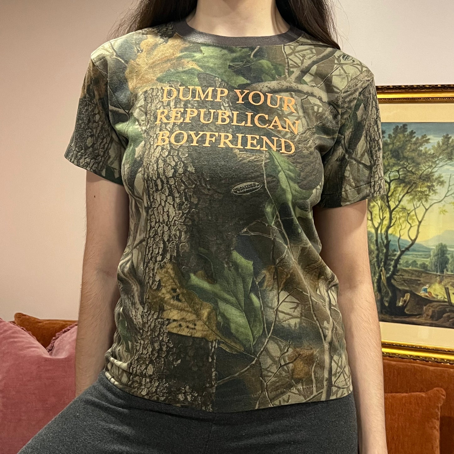 DUMP YOUR REPUBLICAN BOYFRIEND camo t-shirt with orange text (M)