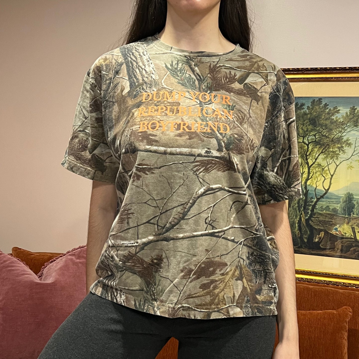 DUMP YOUR REPUBLICAN BOYFRIEND camo t-shirt with orange text (M)