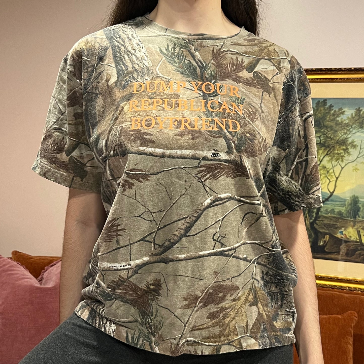 DUMP YOUR REPUBLICAN BOYFRIEND camo t-shirt with orange text (M)