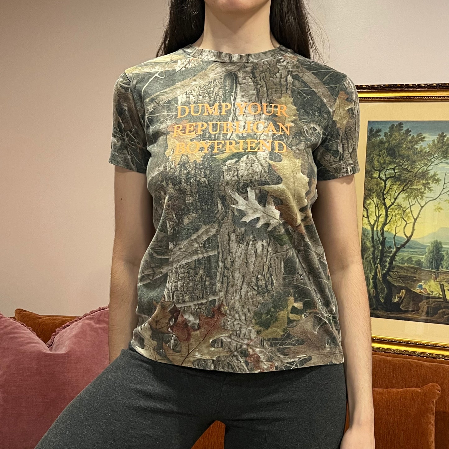 DUMP YOUR REPUBLICAN BOYFRIEND camo t-shirt with orange text (M)