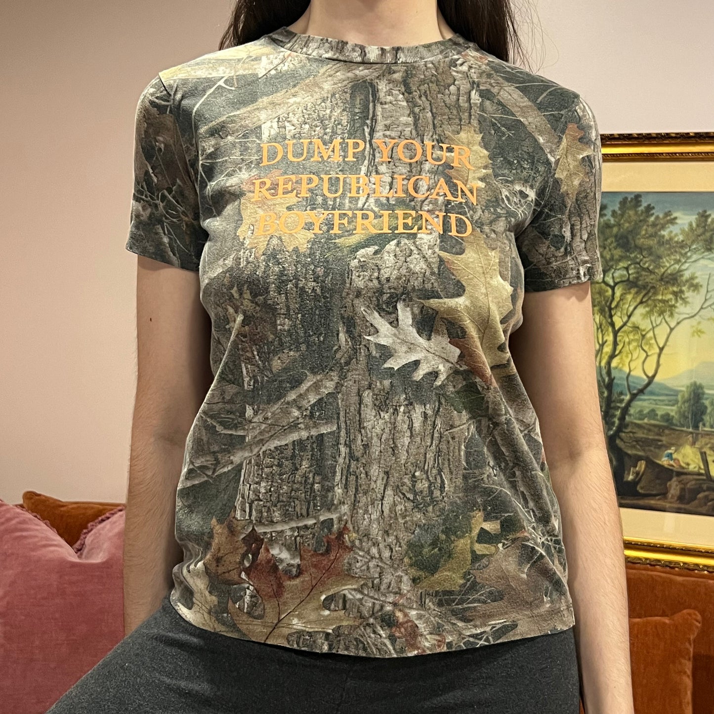 DUMP YOUR REPUBLICAN BOYFRIEND camo t-shirt with orange text (M)