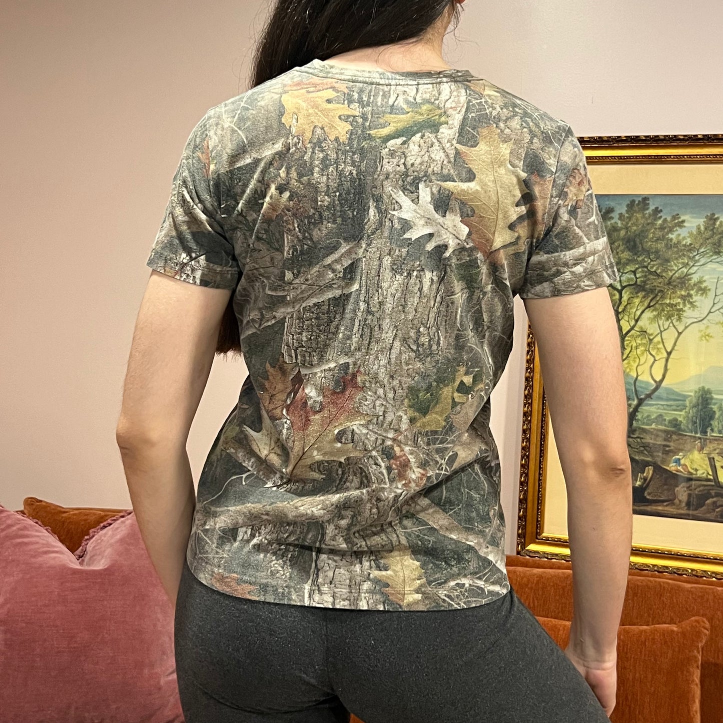 DUMP YOUR REPUBLICAN BOYFRIEND camo t-shirt with orange text (M)