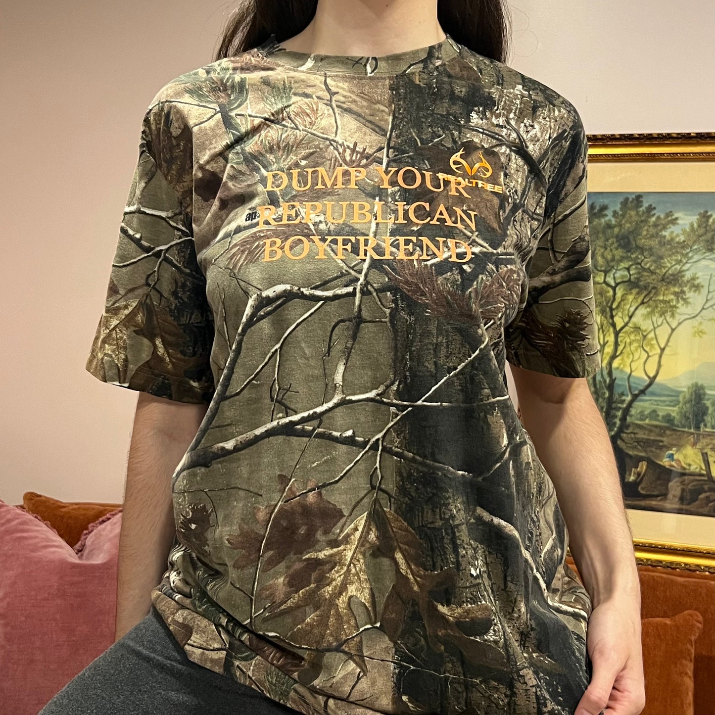DUMP YOUR REPUBLICAN BOYFRIEND camo t-shirt with orange text (L)