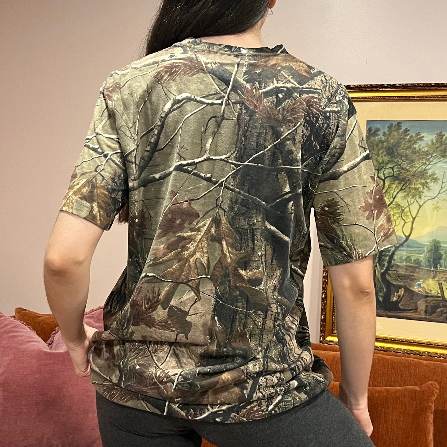 DUMP YOUR REPUBLICAN BOYFRIEND camo t-shirt with orange text (L)