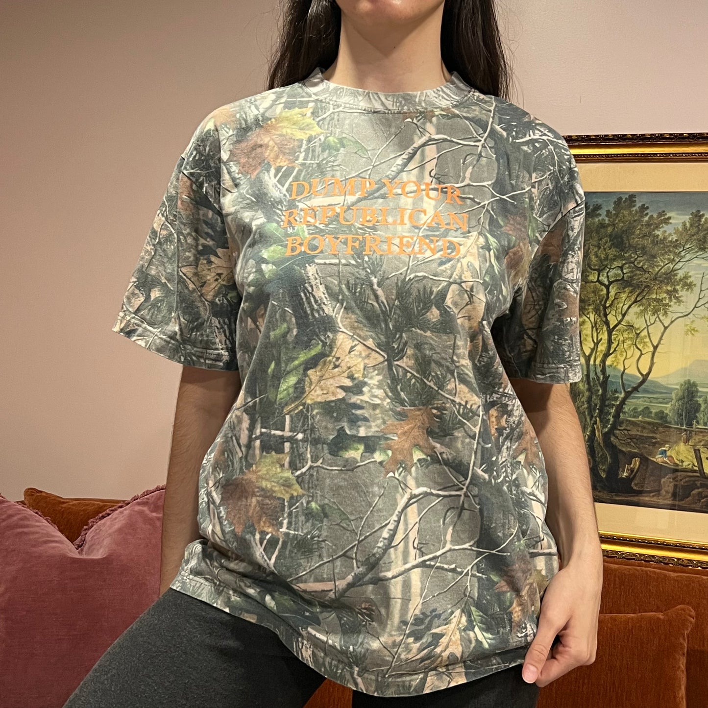 DUMP YOUR REPUBLICAN BOYFRIEND camo t-shirt with orange text (M)
