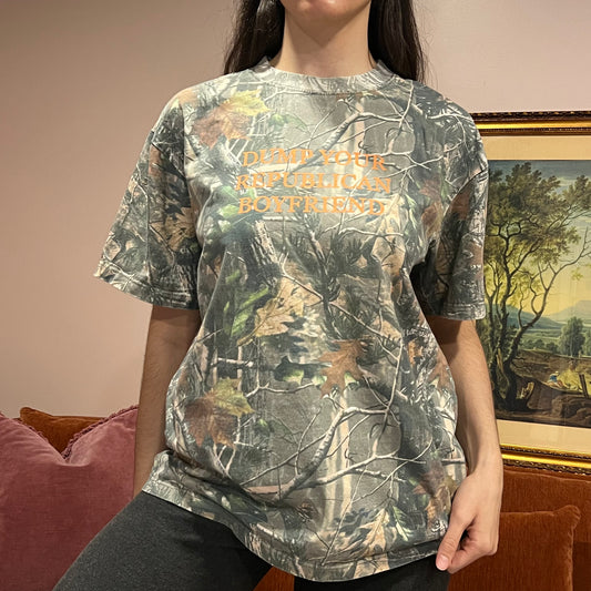 DUMP YOUR REPUBLICAN BOYFRIEND camo t-shirt with orange text (M)