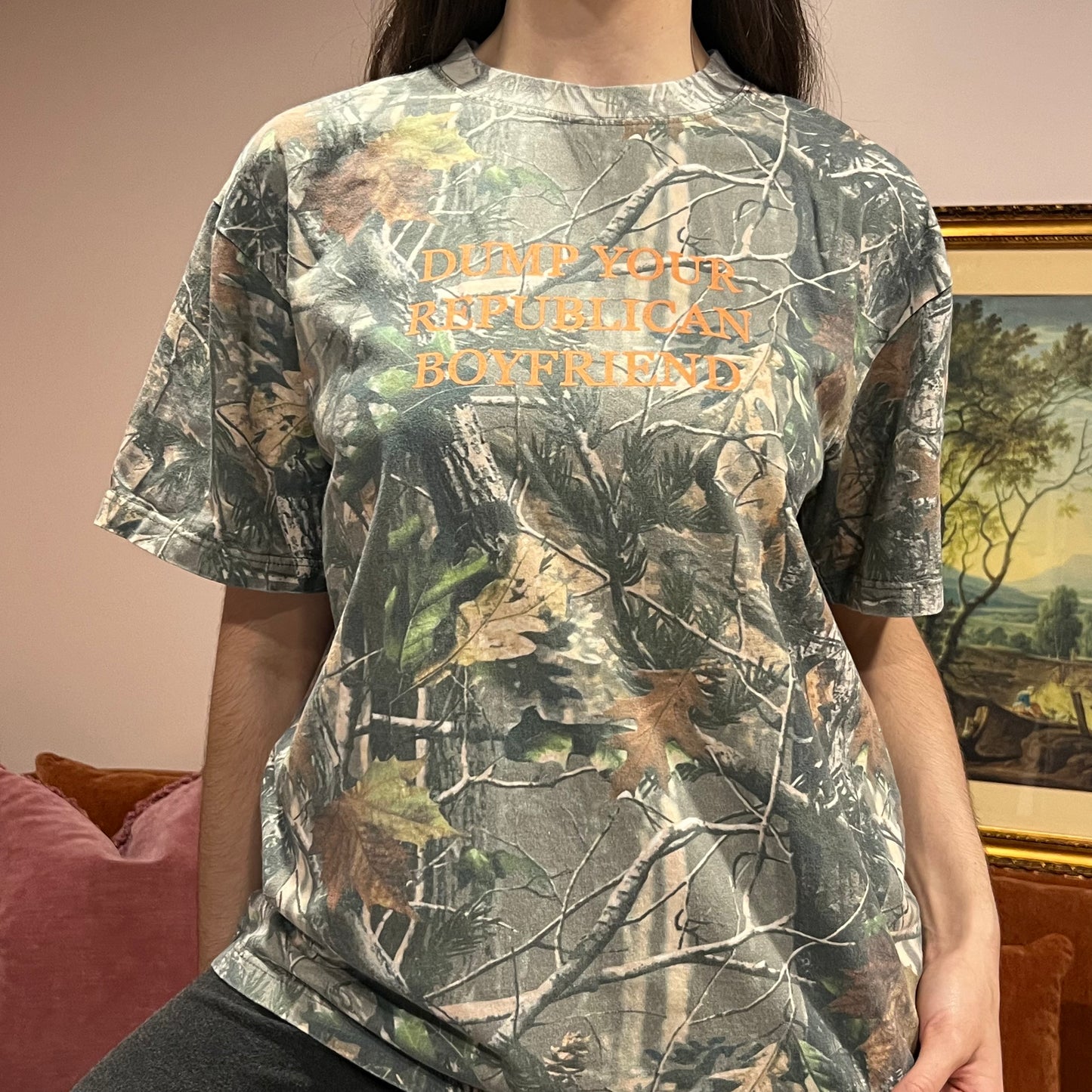 DUMP YOUR REPUBLICAN BOYFRIEND camo t-shirt with orange text (M)