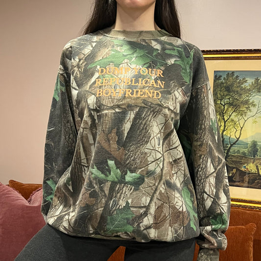 DUMP YOUR REPUBLICAN BOYFRIEND camo crewneck with orange text (XL)