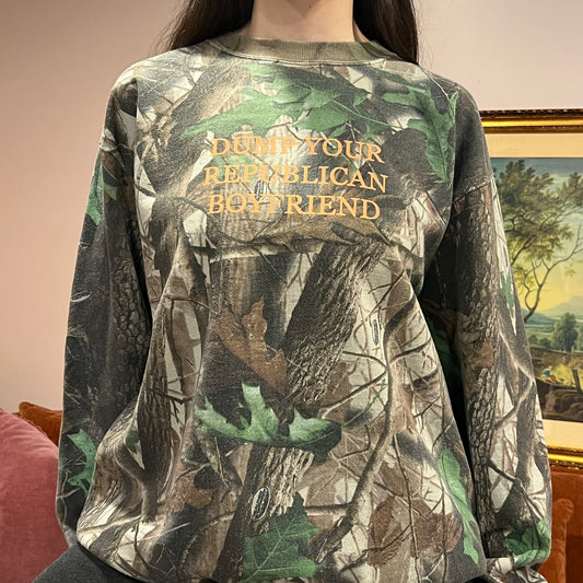DUMP YOUR REPUBLICAN BOYFRIEND camo crewneck with orange text (XL)