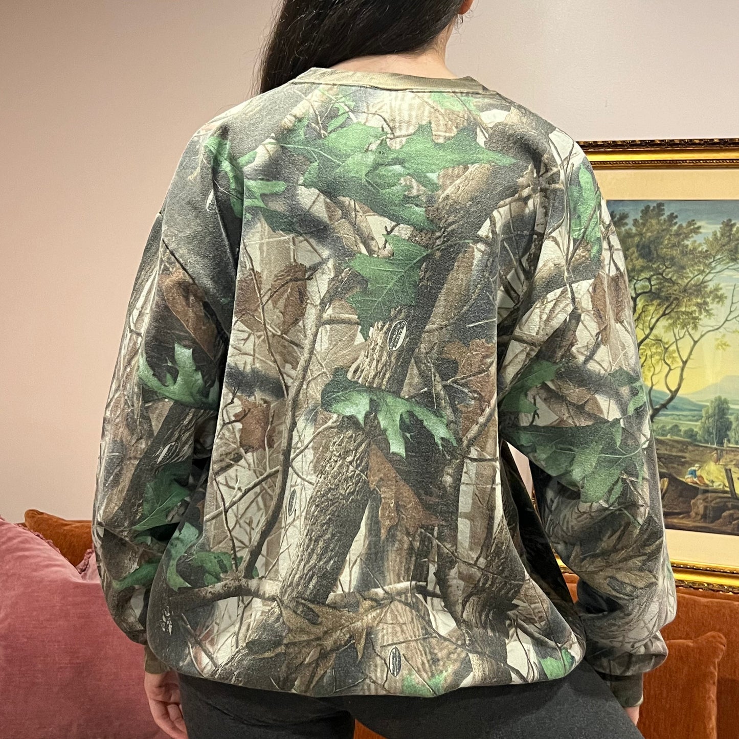 DUMP YOUR REPUBLICAN BOYFRIEND camo crewneck with orange text (XL)