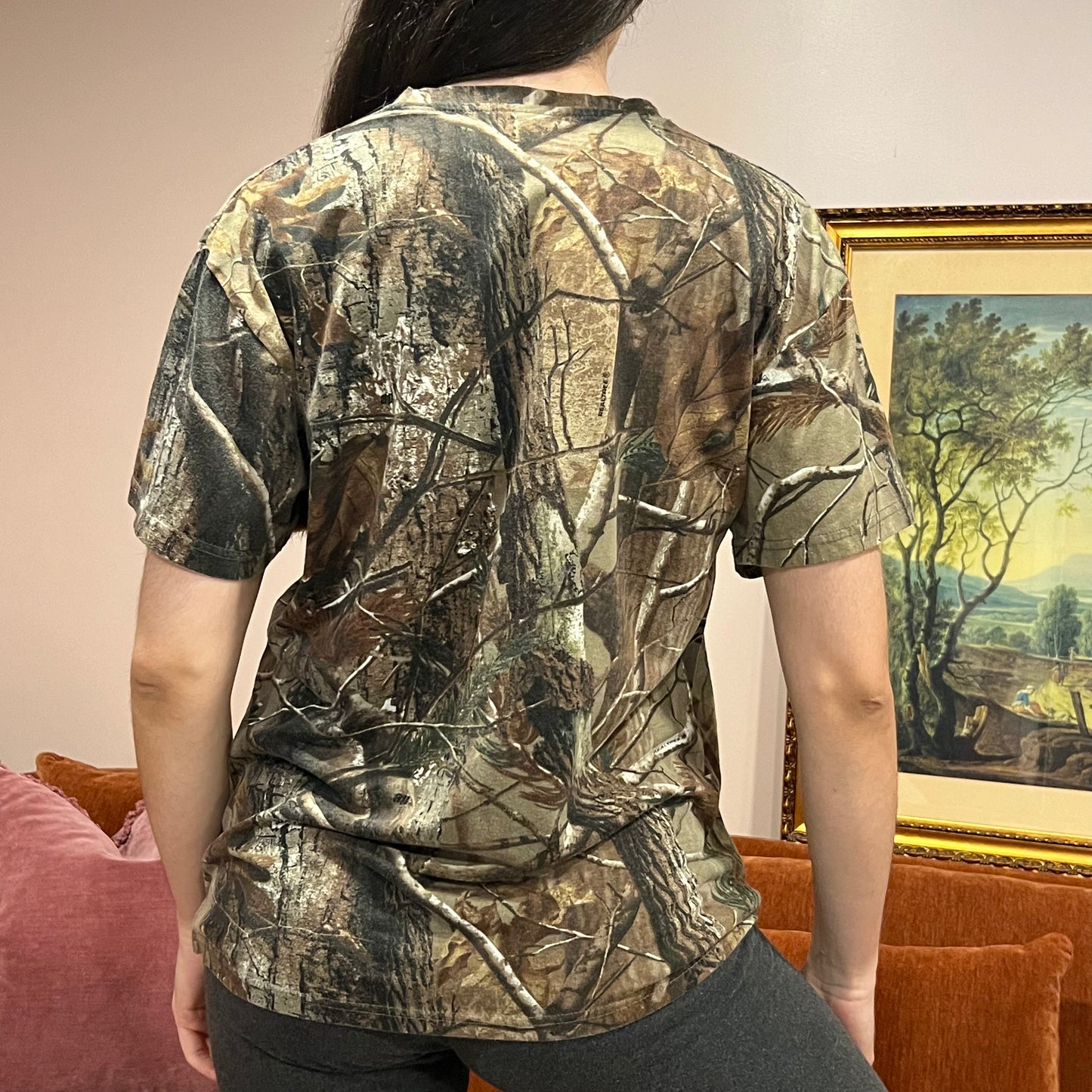 DUMP YOUR REPUBLICAN BOYFRIEND camo t-shirt with orange text (L)