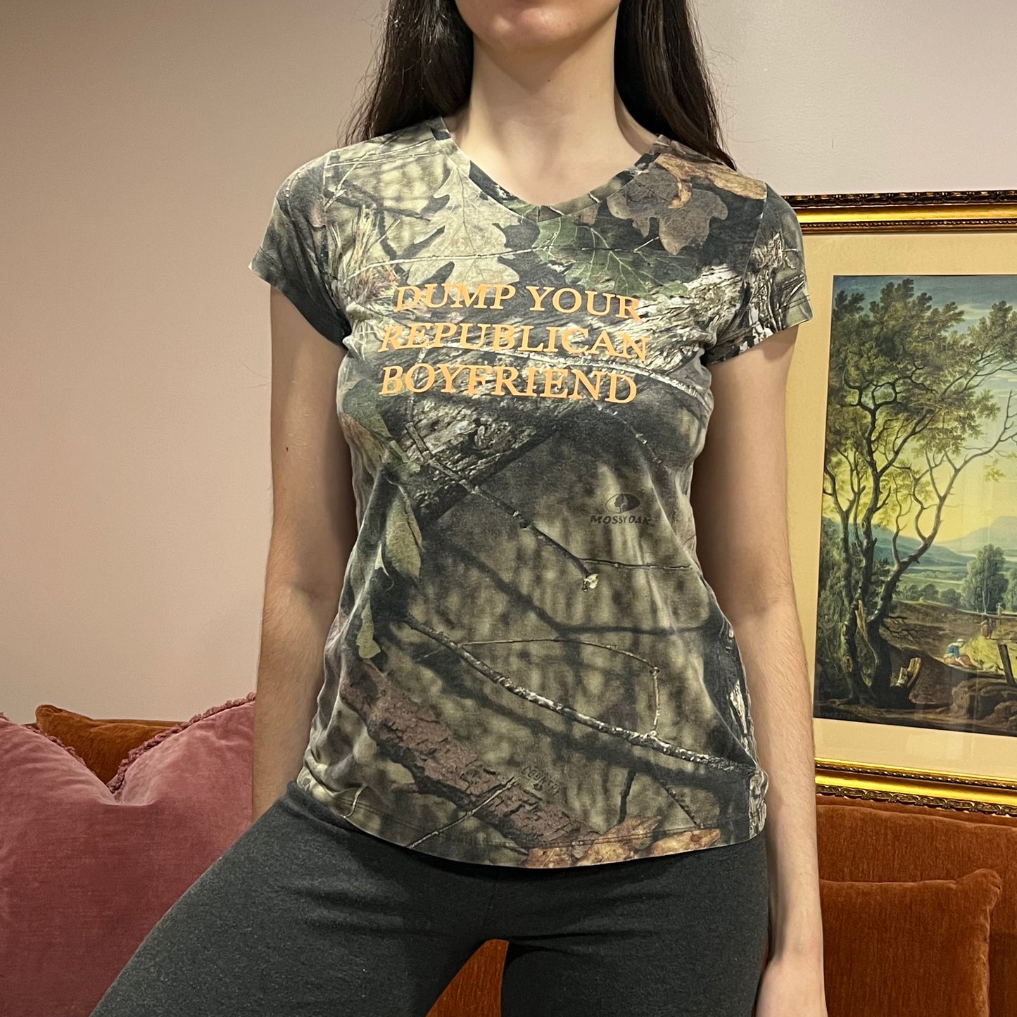 DUMP YOUR REPUBLICAN BOYFRIEND camo t-shirt with orange text (M)