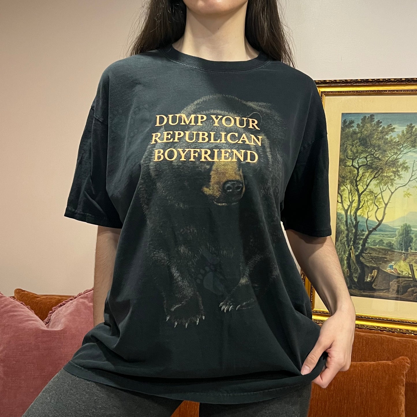 DUMP YOUR REPUBLICAN BOYFRIEND bear t-shirt with orange text (XL)