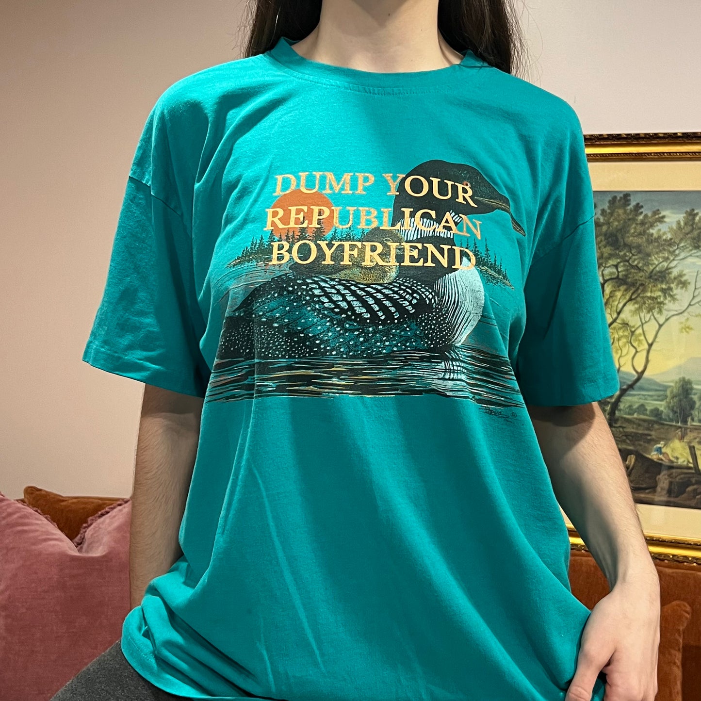DUMP YOUR REPUBLICAN BOYFRIEND duck t-shirt with orange text (XL)