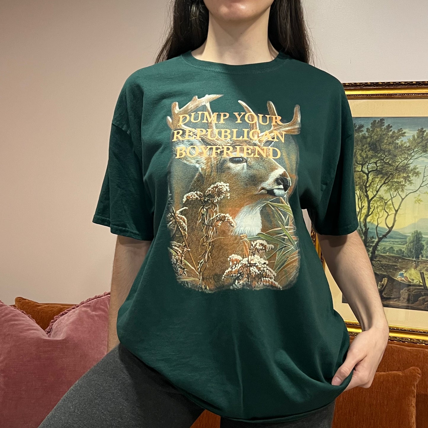 DUMP YOUR REPUBLICAN BOYFRIEND deer t-shirt with orange text (XL)