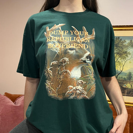 DUMP YOUR REPUBLICAN BOYFRIEND deer t-shirt with orange text (XL)