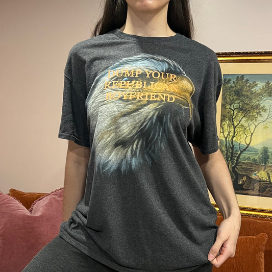 DUMP YOUR REPUBLICAN BOYFRIEND eagle t-shirt with orange text (L)
