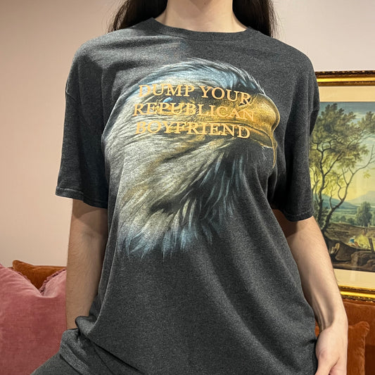 DUMP YOUR REPUBLICAN BOYFRIEND eagle t-shirt with orange text (L)